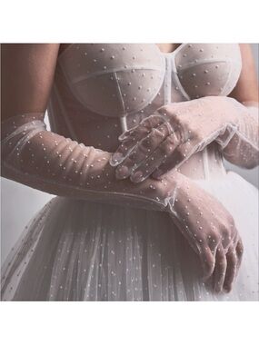 Elegant Sheer White Polka Dot Opera Elbow Gloves Tea Wedding Bridal Brunch
